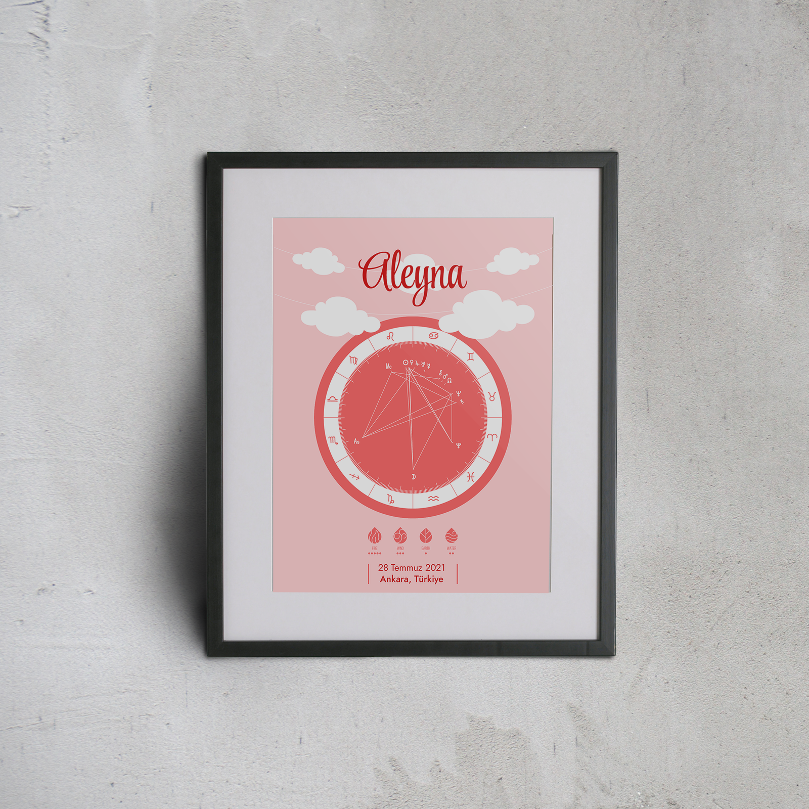 Kişiye Özel Doğum Haritası Posteri - Pembe Bulutlar - Görsel 2